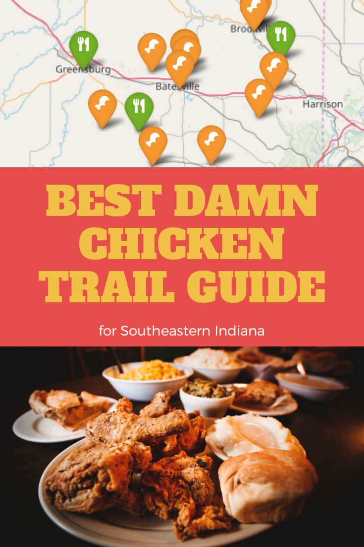 Pinterest board showing article title "Best Damn Chicken Trail Guide" with a map and pin graphic and fried chicken dinner image.