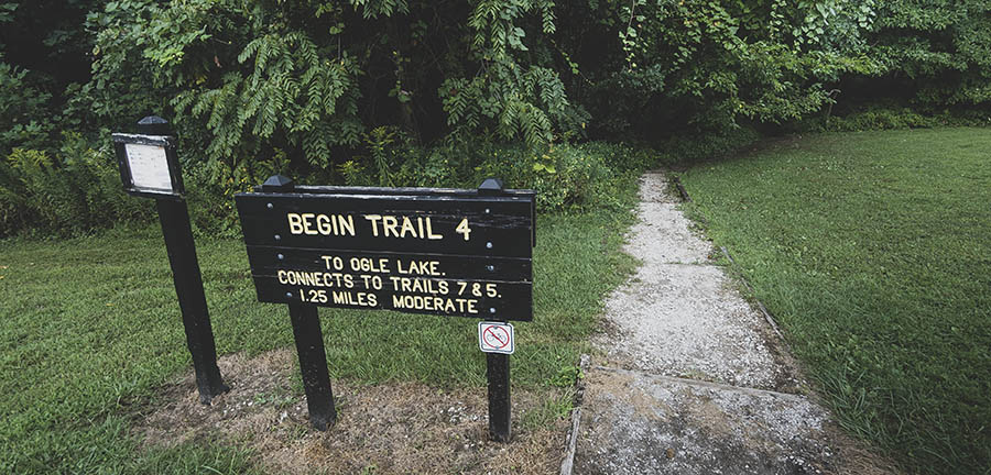 Trail 4 trailhead sign at Rally Campground, Brown County State Park.